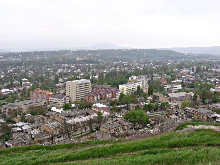 Panoramic view of Pyatigorsk taken from a hill. Houses are generally small. 