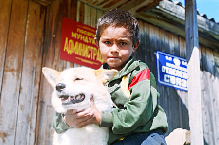 A child with a dog