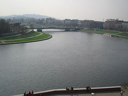 Panoramic view of the river and the river bak where people are walking